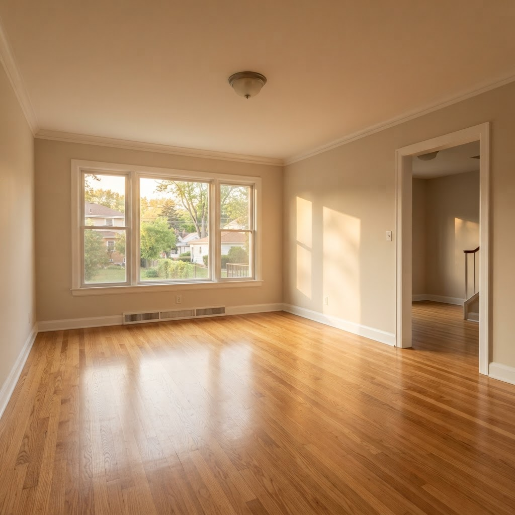 A freshly cleared, sunlit living room ready for its next chapter after a RESET property reset.