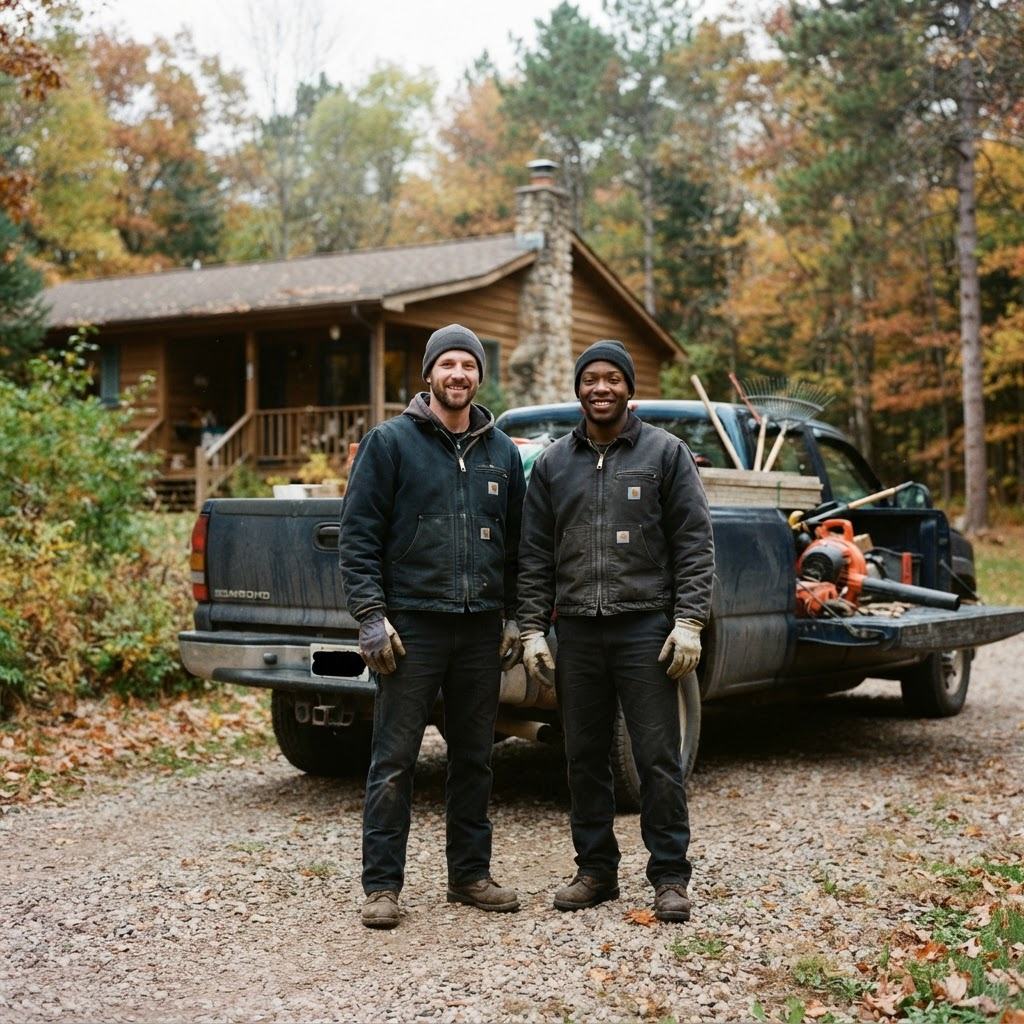 The Sam & Caleb team standing by their work truck outside a Northwoods home.